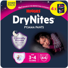 Huggies DryNites superabsorberende nattebleer til piger 3-4 år (12-21 kg) 4 x 16 antal (64 antal i alt) Månedlig trussepakke