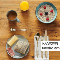 MÄSER Metallic Rim, Modernes Geschirr Set Für 4 Personen Mit Messingfarbenem Rand, 16-Teiliges Kombiservice Mit Randlosen Coupe-Formen, Steinzeug, Grau Seturi vesela masa Naty Shop