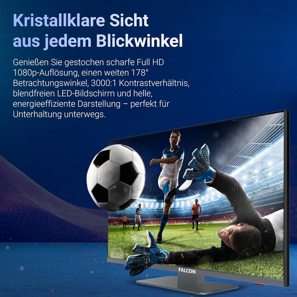 Televizor LED Falcon Full HD de 22 de inci cu LG WebOS SMART WiFi, potrivit pentru camping/autorulote (12V/24V), DVD player, Bluetooth, HDMI, USB, Paramount Plus, Magenta, Netflix, Prime Video, Disney Plus, DAZN și streaming IPTV