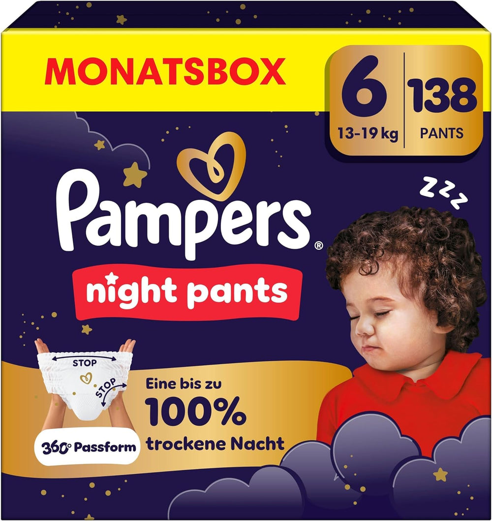 Pampers Night Pants størrelse 6 bleer, 138 stykker, 13kg-19kg, giver ekstra beskyttelse hele natten.