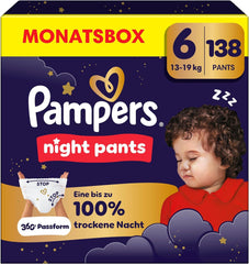 Pampers Night Pants størrelse 6 bleer, 138 stykker, 13kg-19kg, giver ekstra beskyttelse hele natten.
