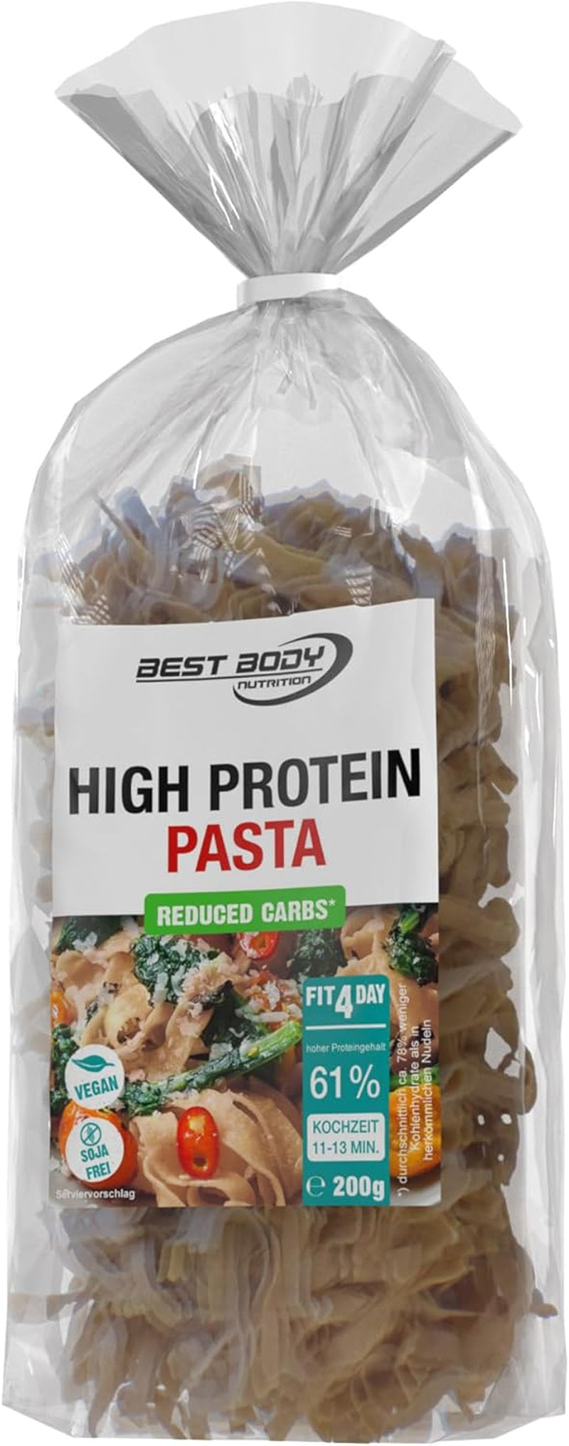 Best Body Nutrition Protein Pasta 6 x 200 g - Fit4Day High Protein Tagliatelle - 61% Protein, Low Carb, Vegan & Lactose Fri, Soja Fri - Højkvalitets Ærteprotein - Til Low Carb diæter