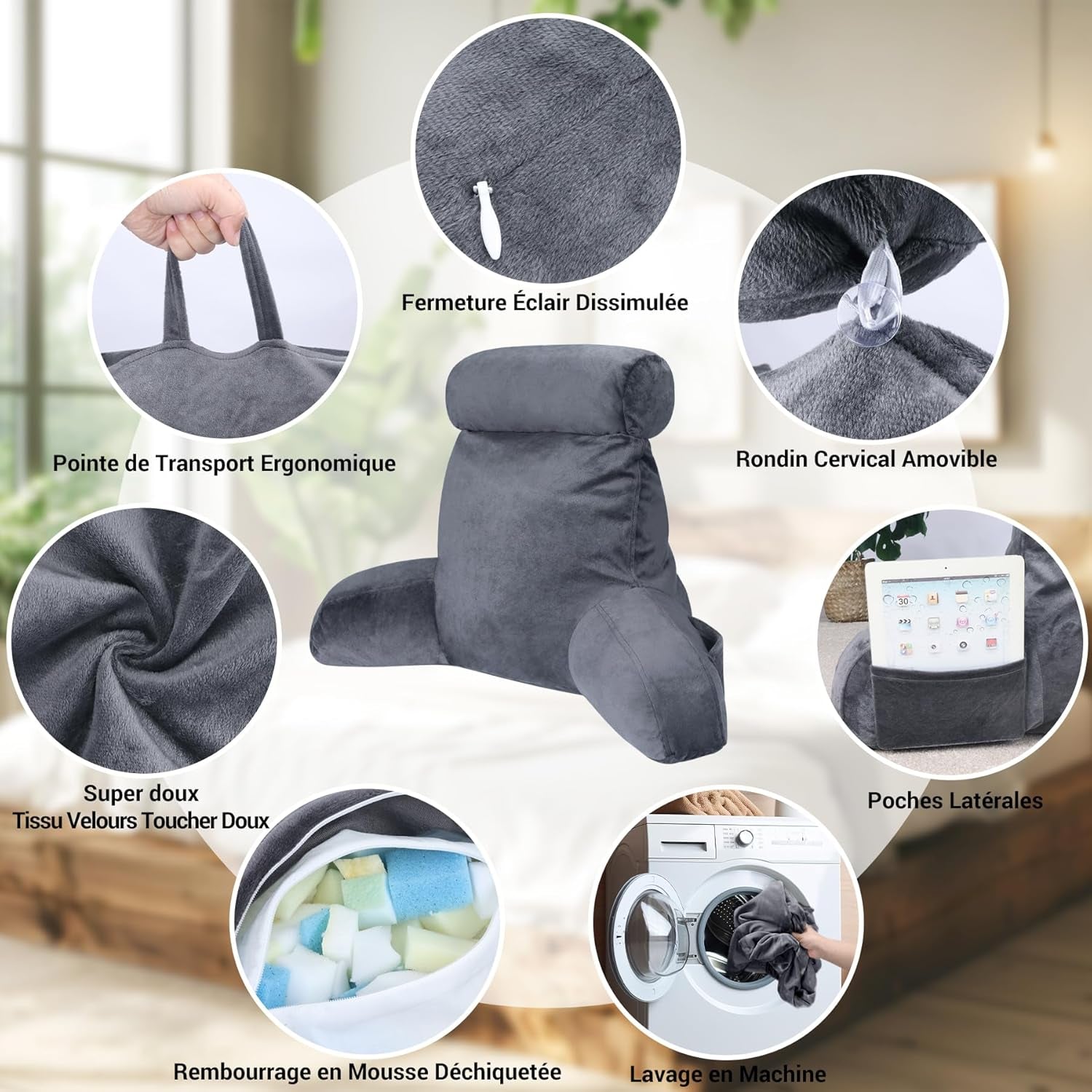 Pernă ergonomică pentru citit INFANZIA cu cotiere, suport pentru spate din spumă cu memorie, gri, M