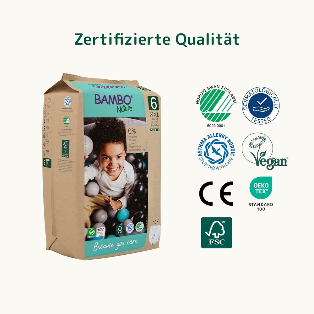 Bambo Nature Babybleer, størrelse 6 (15+ kg) - Månedlig æske med 90 | Spædbørnsbleer med forbedret lækagebeskyttelse | Maksimal komfort og frihed for aktive børn | Dermatologisk testede bleer