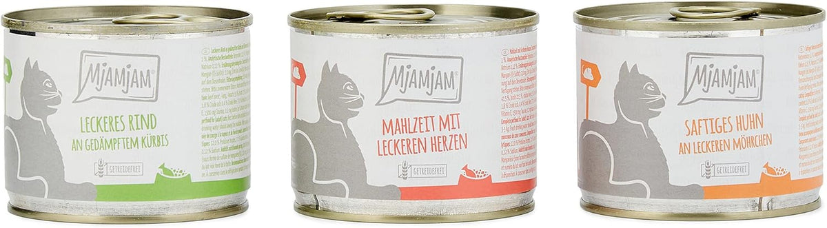 MjAMjAM - Hrană umedă premium pentru pisici - Pachet mixt I - Pui, Vită, Inimi, pachet de 6 (6 x 200 g), fără cereale cu carne suplimentară