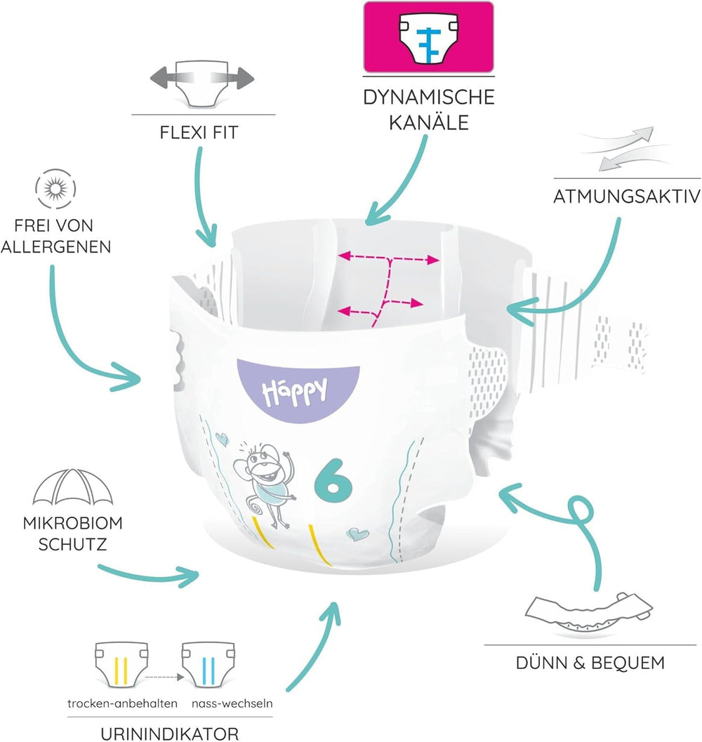 Bella Baby Happy Premium bleer, str. 6, Junior Extra, 15+ kg, 96 styk, DERMATEST og OEKO-TEX Seal, engangs babybleer