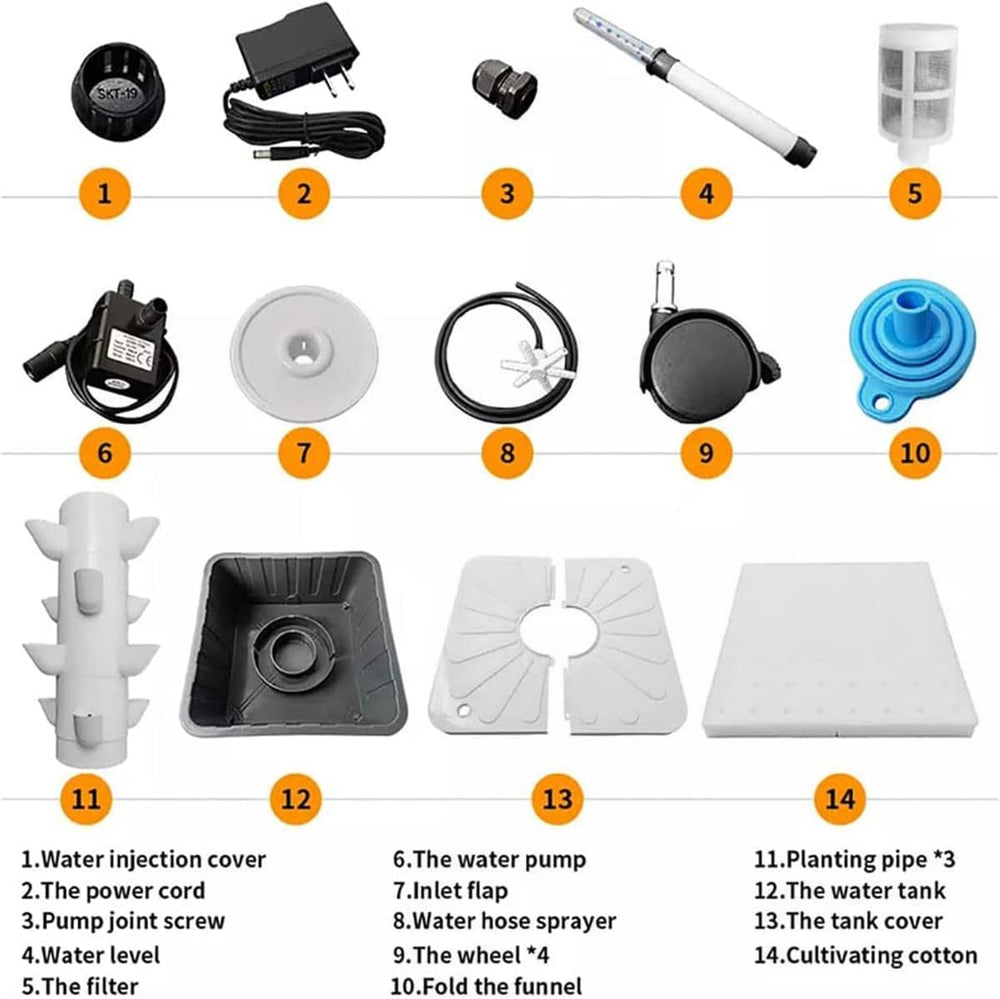 Hydroponic Tower, 15-trins 45-hullers voks Aquaponic System, Trådløst Have Aeroponic Grow Kit til urter, frugter og grøntsager med hydreringspumpe, adaptere, mesh potter