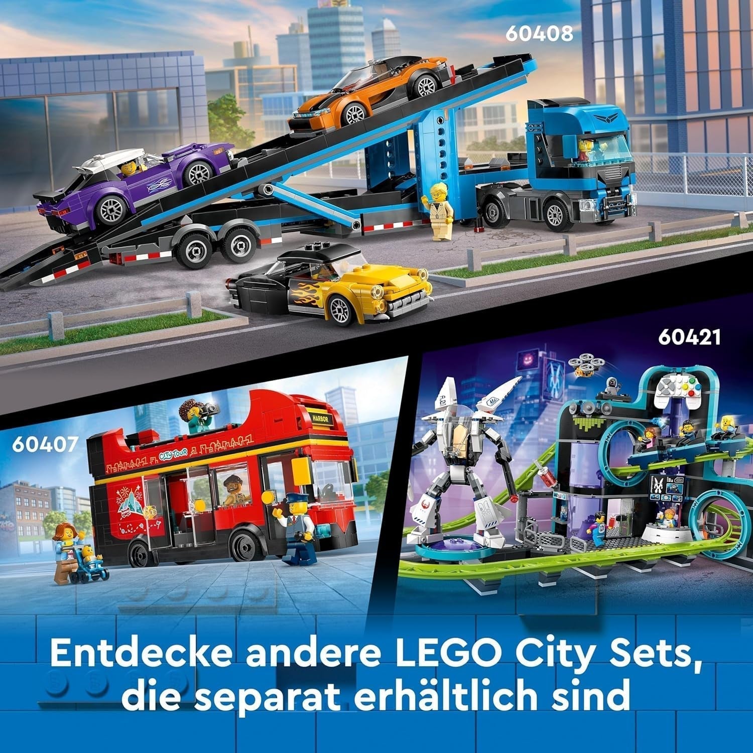 LEGO City Car Transporter cu mașină sport, set de 4 mașini de jucărie pentru băieți și fete de la 7 ani, cadou de Crăciun sau aniversare, 4 minifigurine pentru jocuri de rol 60408 Seturi de constructie Besuche den LEGO-Store
