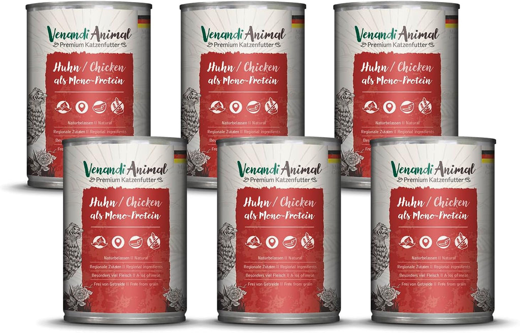 Venandi Animal Premium Hrană umedă pentru pisici, Tasting Pack III, pui, curcan, vită, pui + iepure, vițel, curcan, 6 X 200 G, fără cereale și naturală, 1.2 Kg