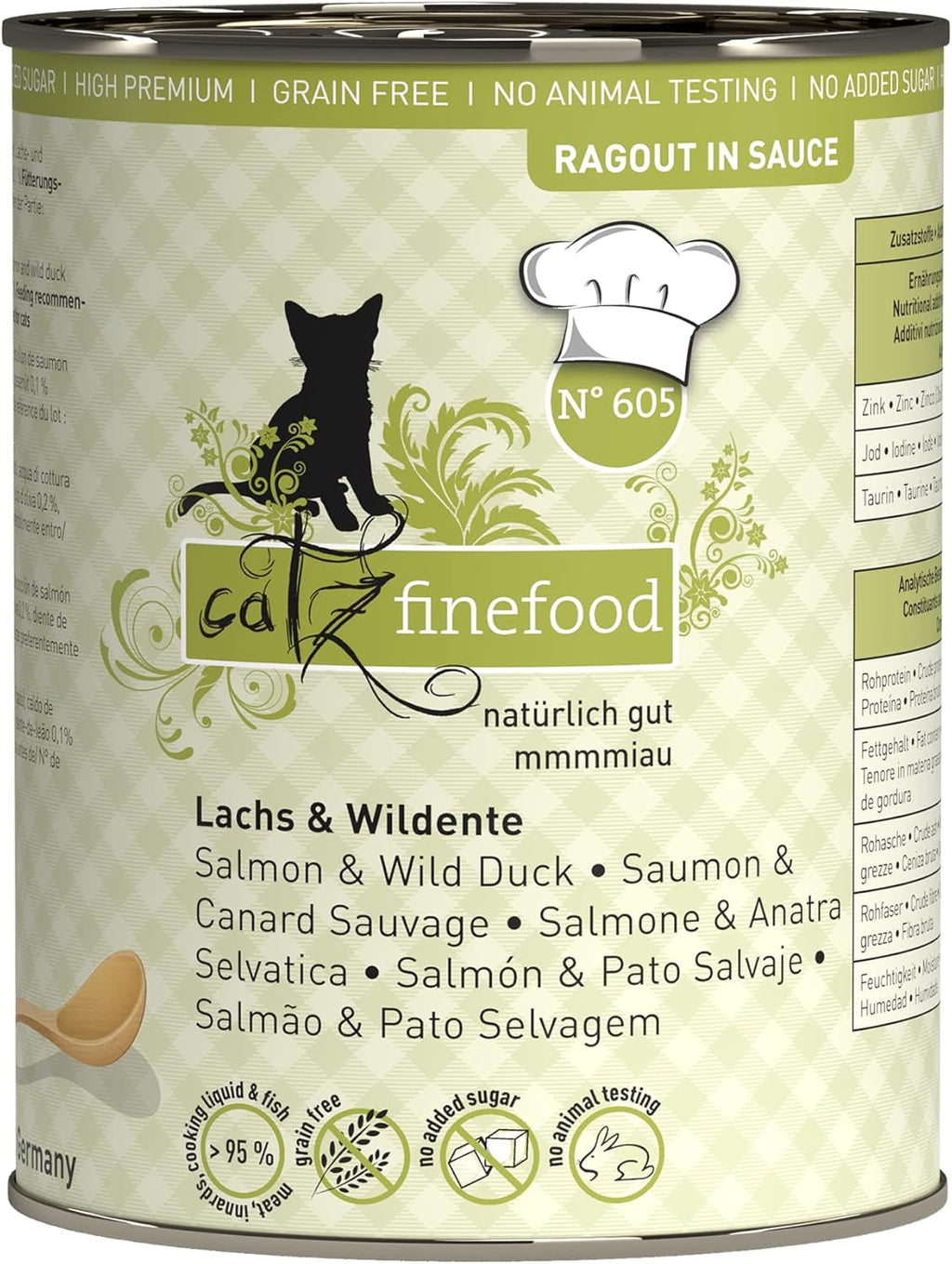Catz Finefood Ragout N° 605 Salmon & Duck Cat Food Wet - hrană umedă delicatessen pentru pisici în sos fără cereale și zahăr cu conținut ridicat de carne, cutie 6 X 190 G