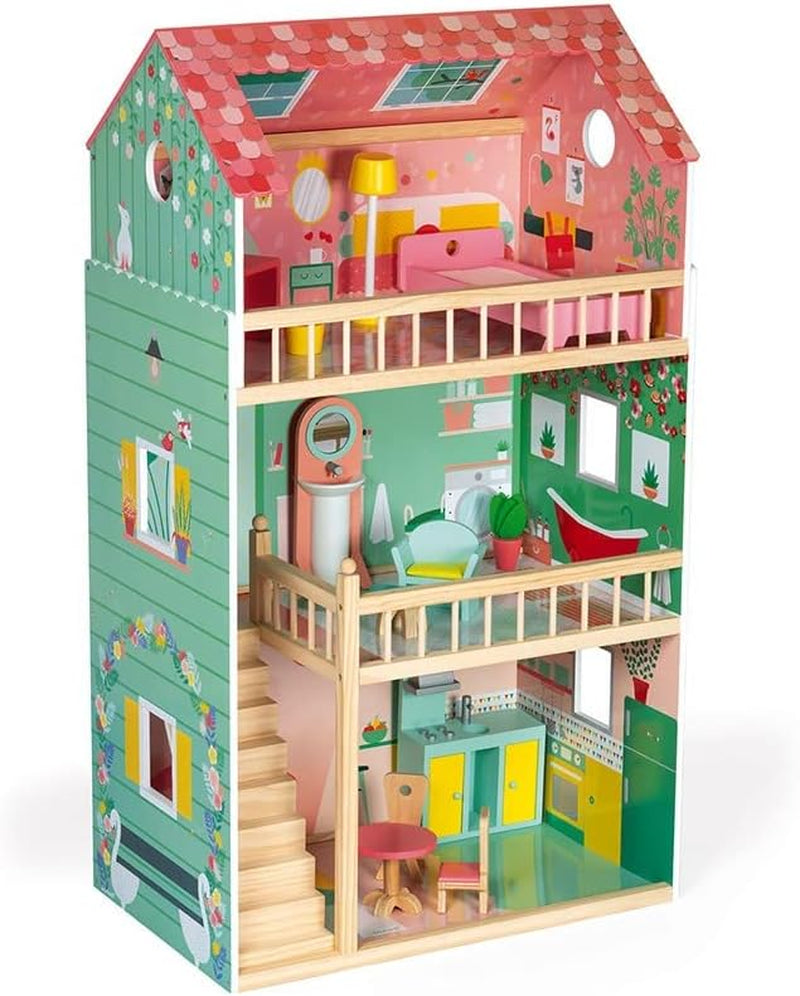 Janod - Mademoiselle trædukkehus 3 etager og 11 tilbehør Replika legetøj udvikler fantasi i alderen 3+ J06581 Pink Naty Shop dukkehuse En glad dag