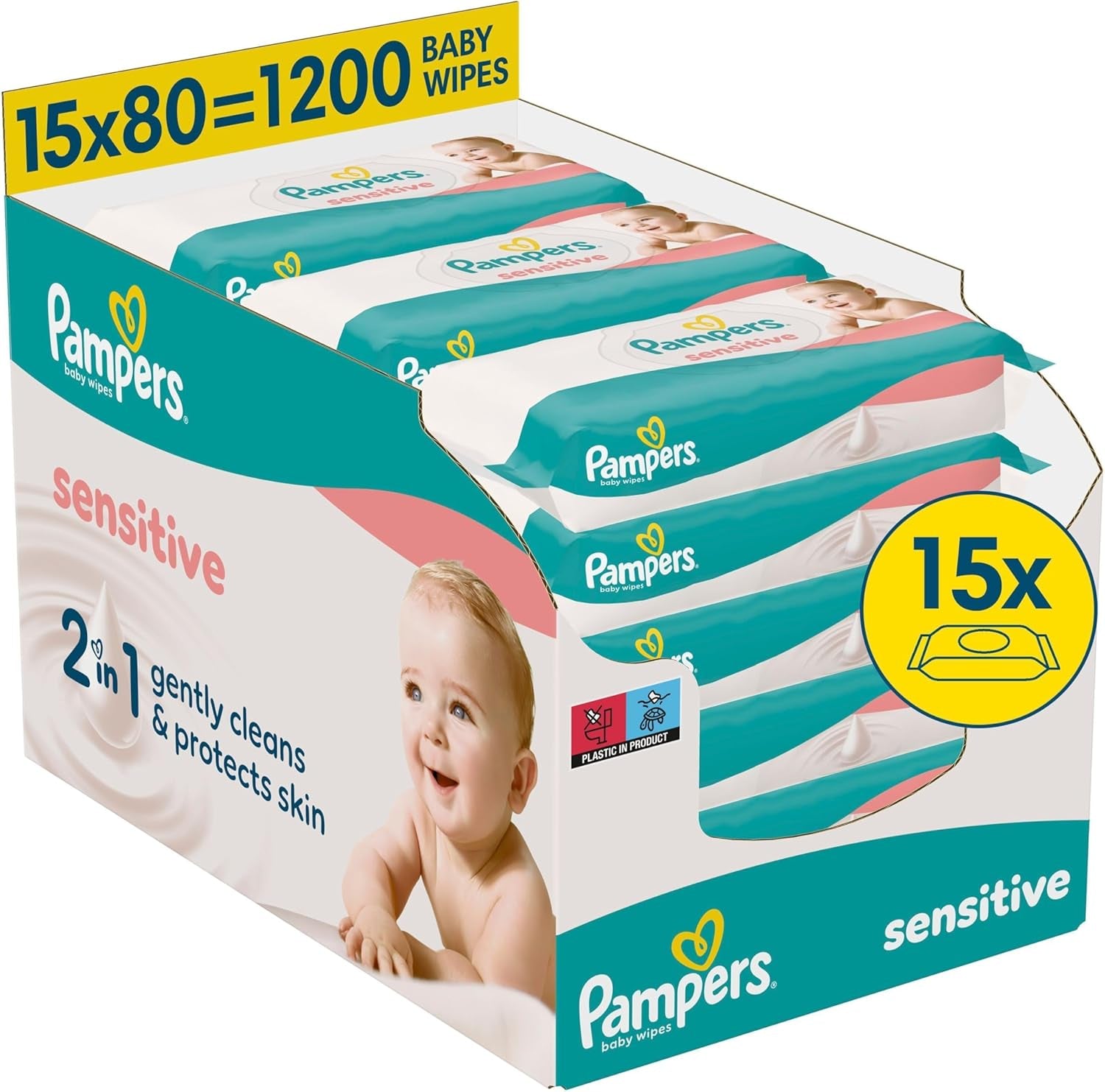 Pampers Sensitive babyservietter, 15 pakke med 80 servietter, 1200 babyservietter, 2-i-1 skånsom rensning og hudbeskyttelse