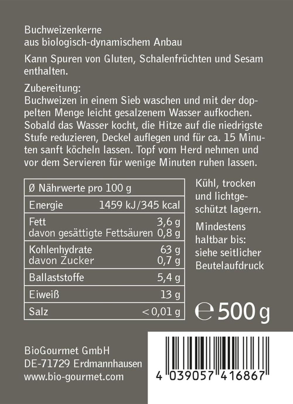 Boghvede BioGourmet Demeter – 500g pose | Glutenfri, fiberrig og regional | Fra tysk økologisk landbrug (Baden-Württemberg/Bayern) | Ideel til müsli, salater og tilbehør
