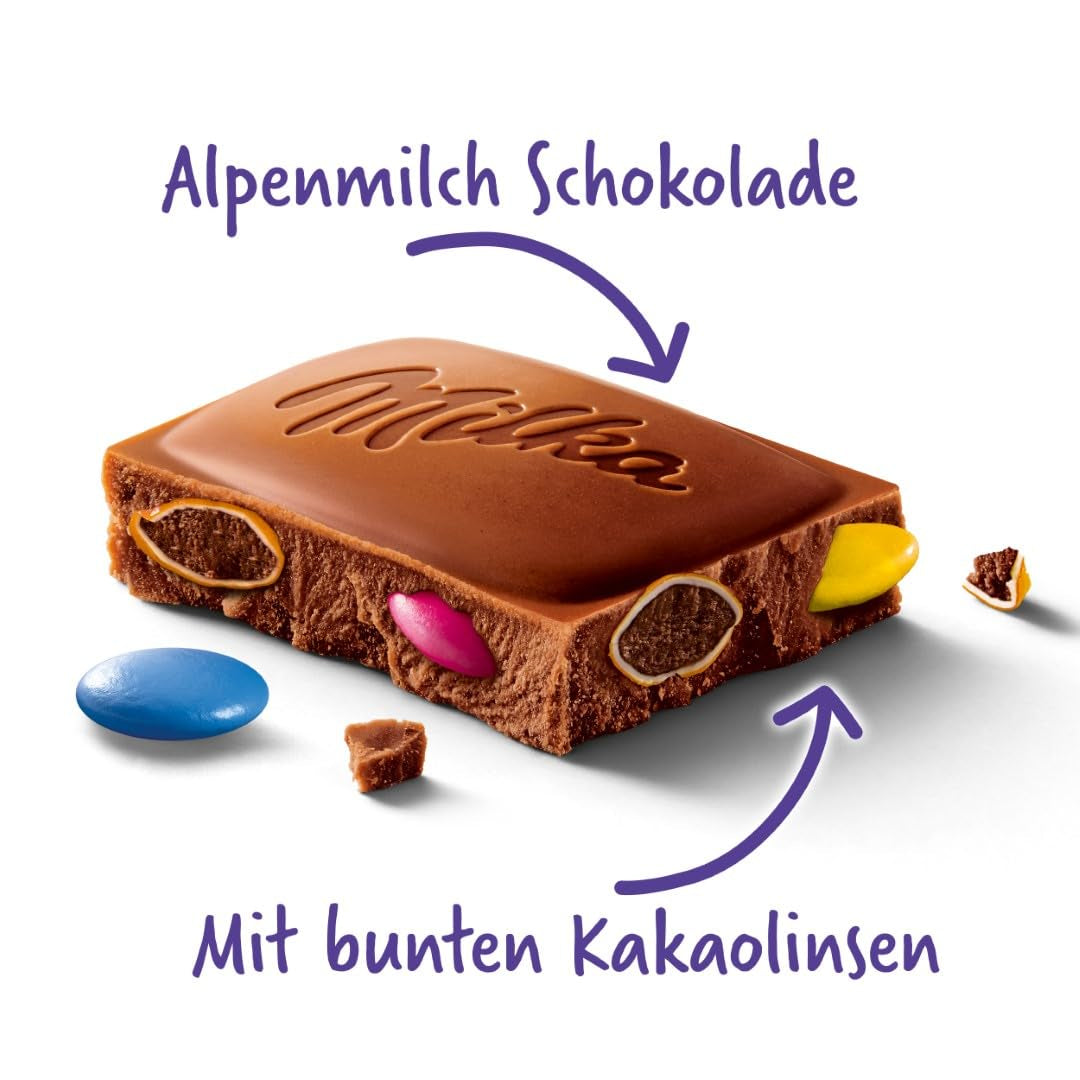 Milka chokolade med linser farvet med kakao - Alpine mælkechokolade med sprøde linser med chokolade - 100g