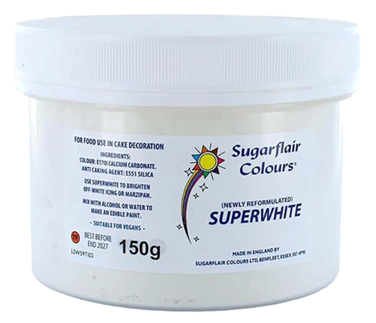 Albitor de glazură Sugarflair Superwhite, Albitor de glazură pentru Royal Icing, Colorant alimentar comestibil extra alb - 150g
