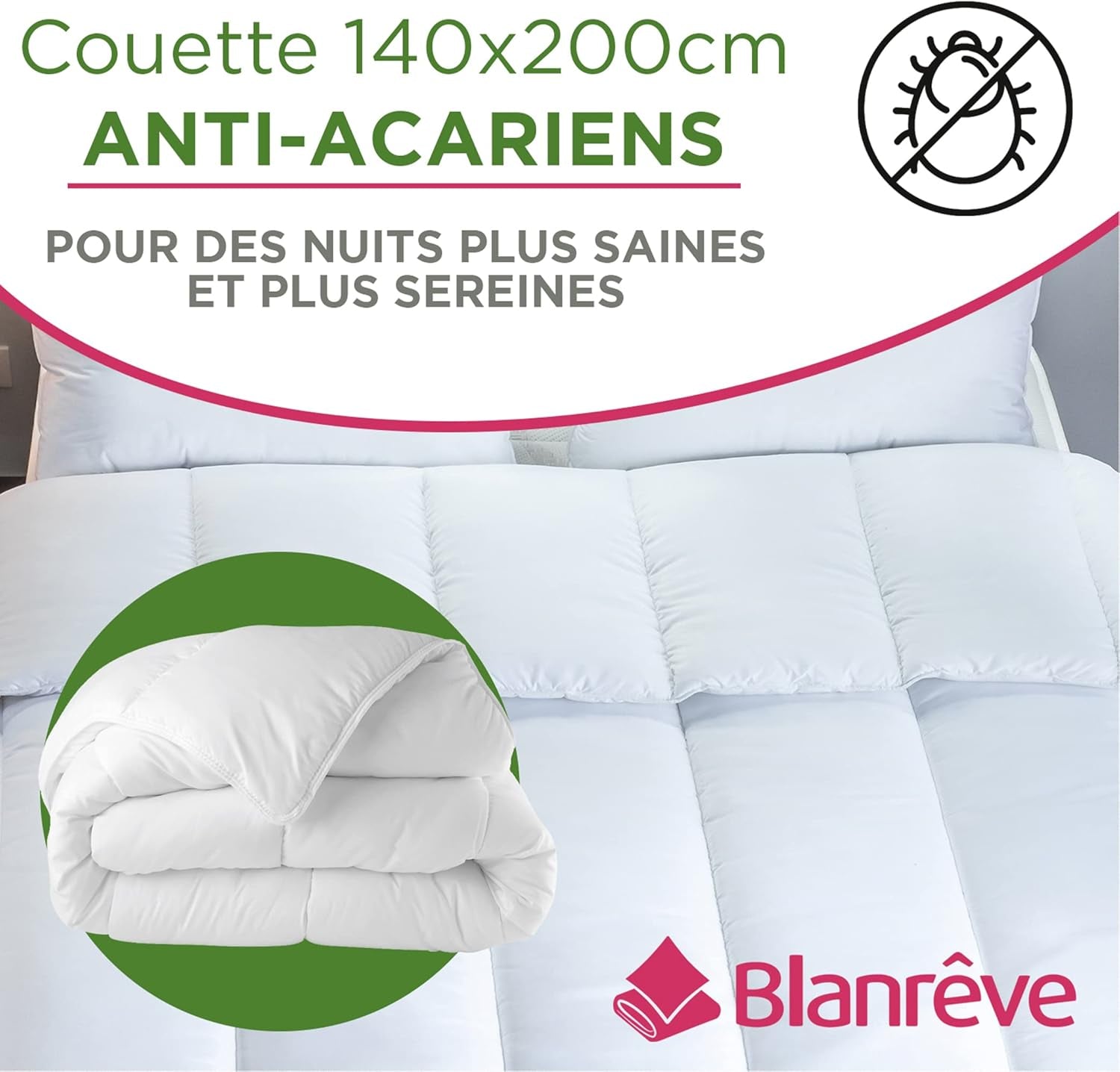 Blanrève - Serenité quilt - Støvmidebehandling - Tempereret 300 G/M² - 140 X 200 Cm - Til enkeltseng - Maskinvaskbar, hvide Dyner og dyner Naty Shop