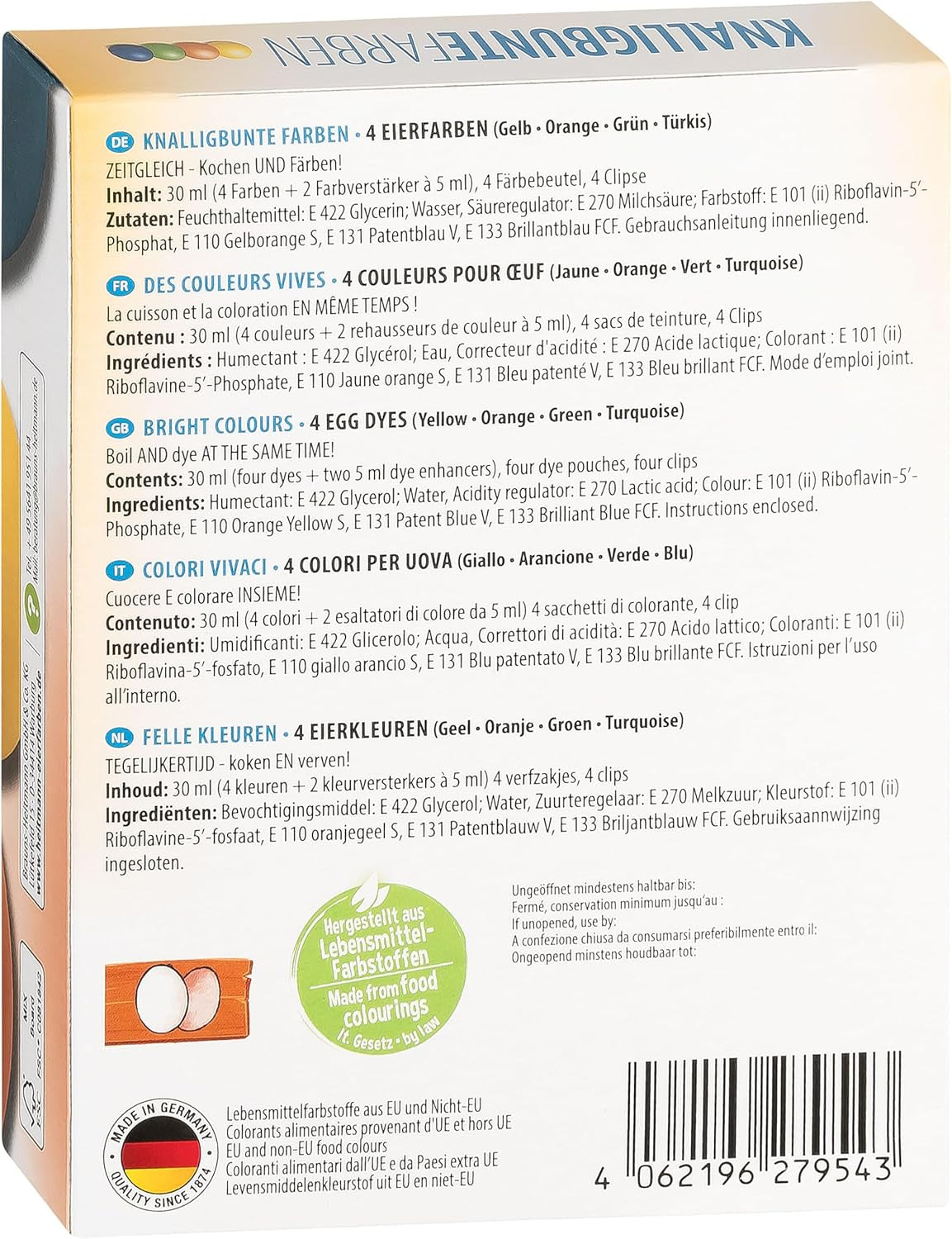 Culori de ou Heitmann, culori strălucitoare - 4 sticle de coloranți de ou (galben, portocaliu, verde, albastru), 2 intensificatori de culoare, 4 pungi de colorant, 4 cleme