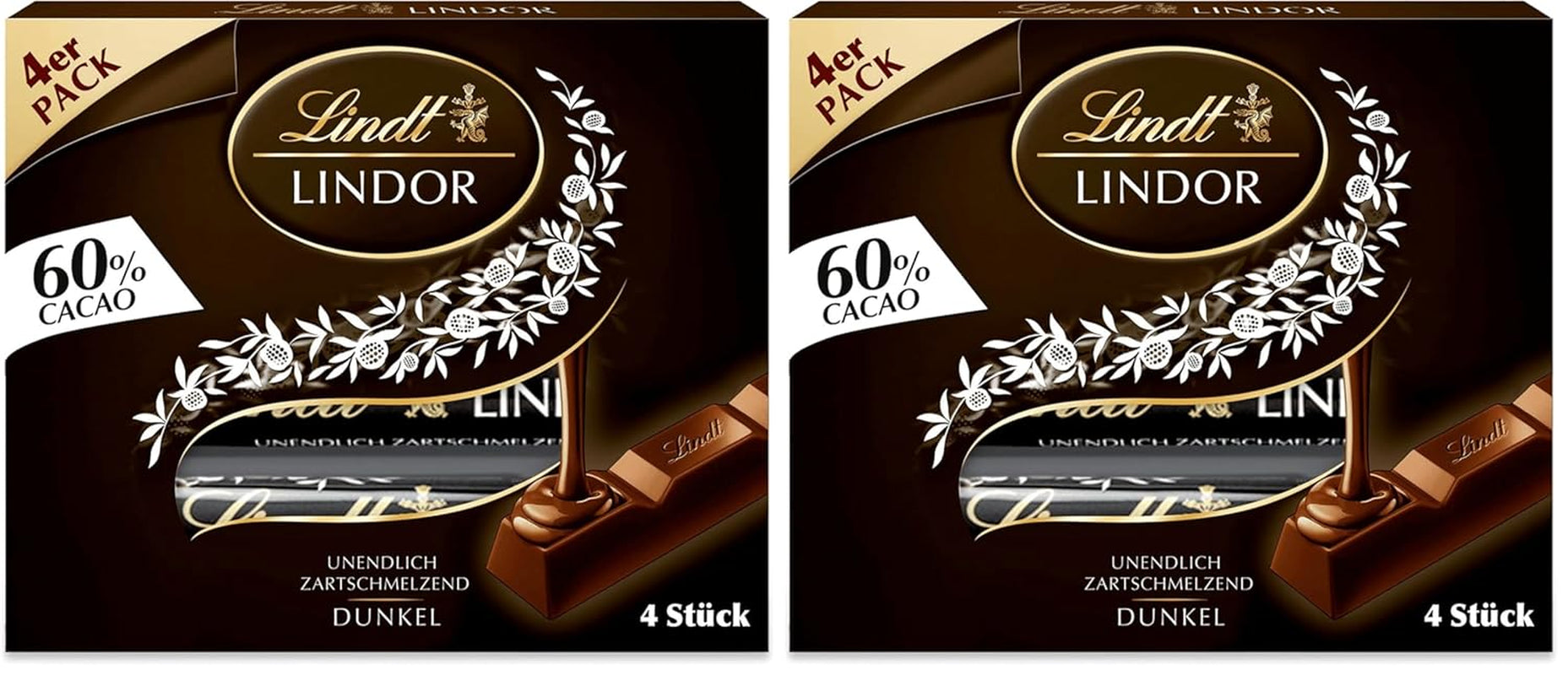 Lindt Chokolade | Stænger LINDOR 60% Kakao | 100 g | 4 chokoladebarer med mørk chokolade 60% kakao og smelte-i-mund-fyld | Chokoladebar
