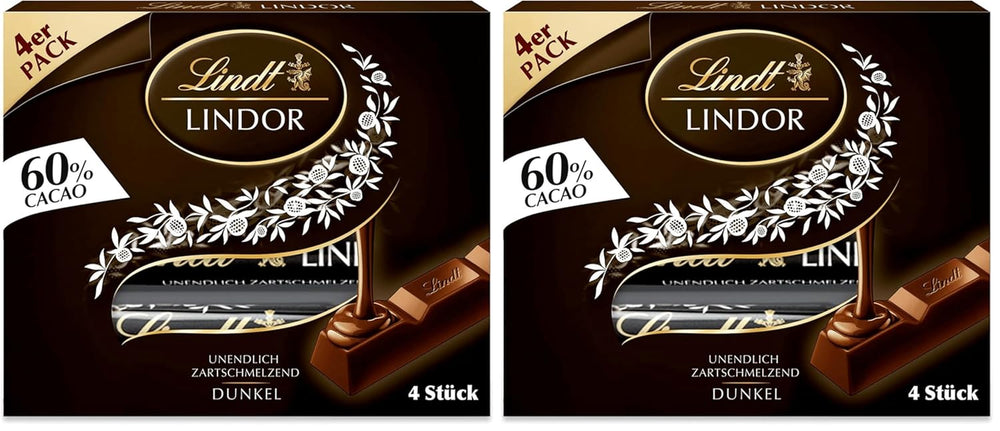 Lindt Chokolade | Stænger LINDOR 60% Kakao | 100 g | 4 chokoladebarer med mørk chokolade 60% kakao og smelte-i-mund-fyld | Chokoladebar
