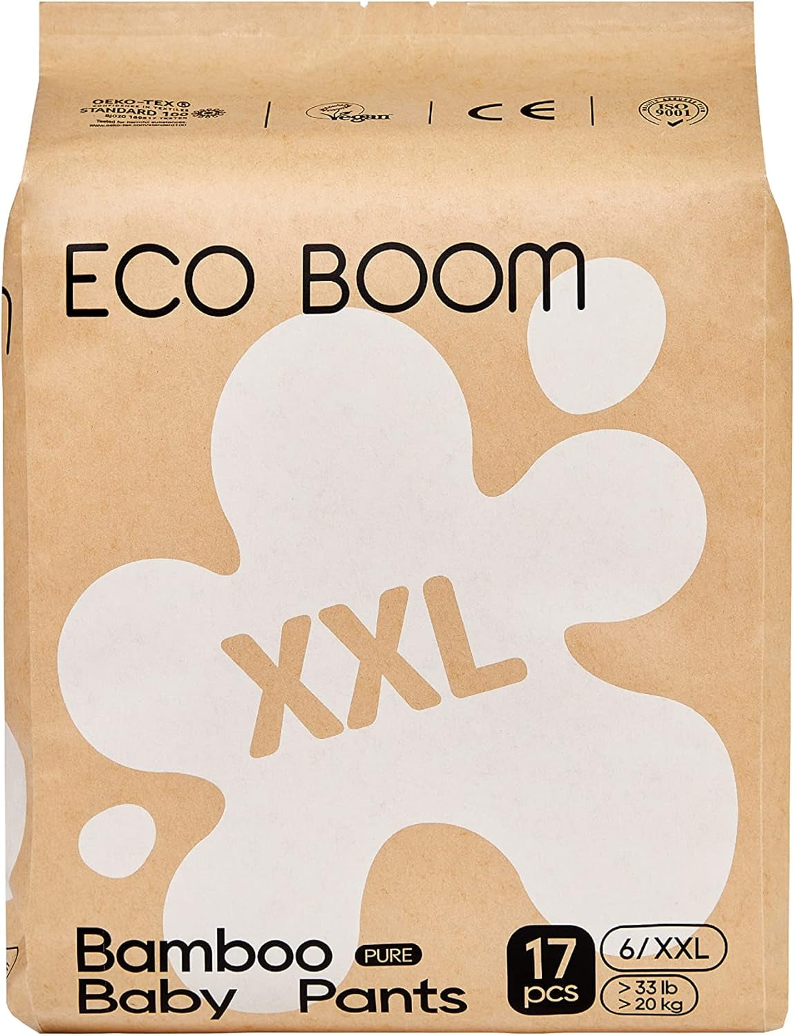 ECO BOOM Bamboo Babybleer - Størrelse 6 (20 kg), Plantebaserede Pull-Up bleer (17 stk) - Premium økologiske, parfumefri, hudvenlige, superabsorberende