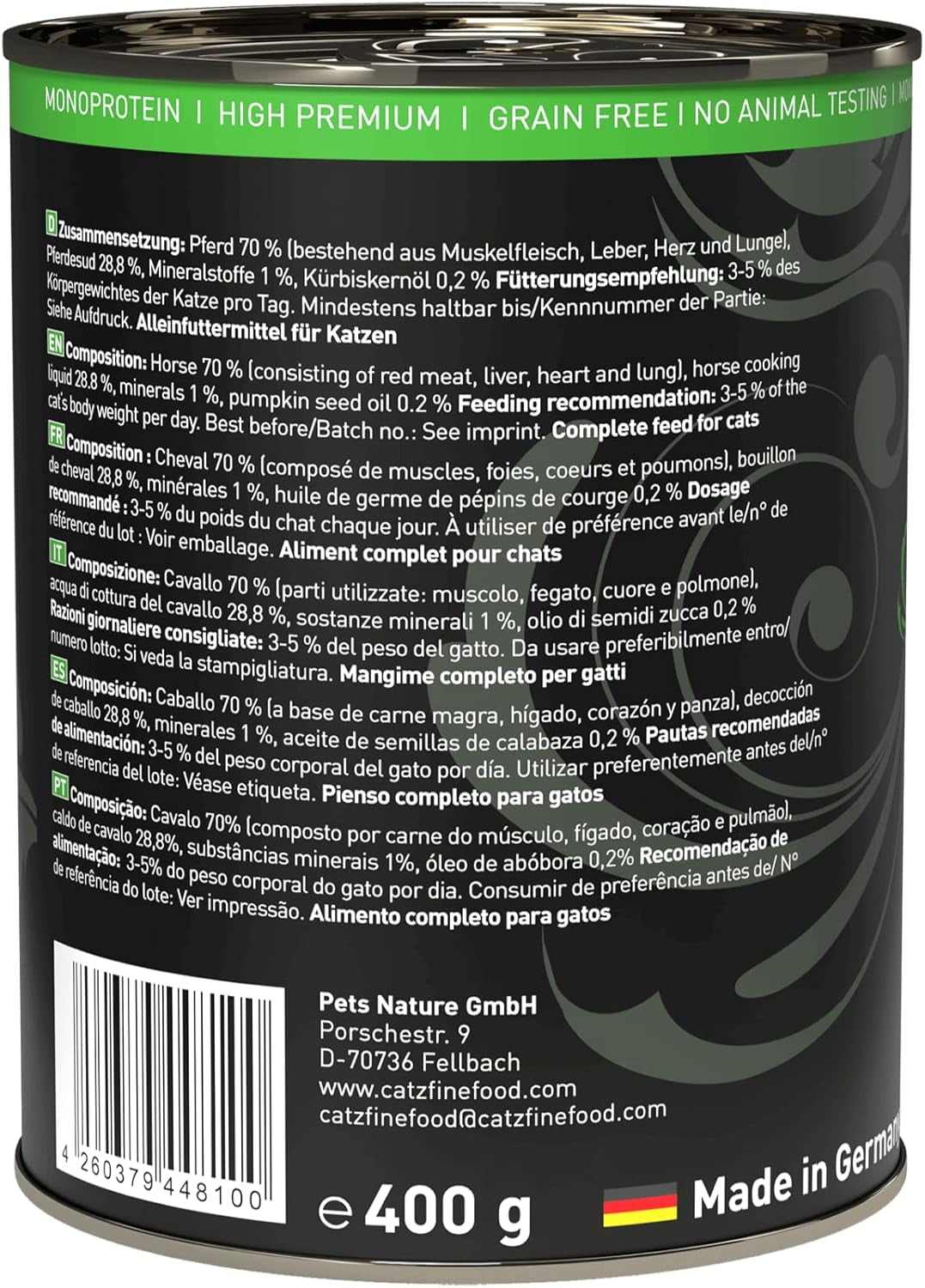 Hrană umedă pentru pisici Catz Finefood Purrrr Horse Monoprotein nr. 123, pentru pisici cu digestie sensibilă, conținut de carne de 70%, 6 cutii x 400 g