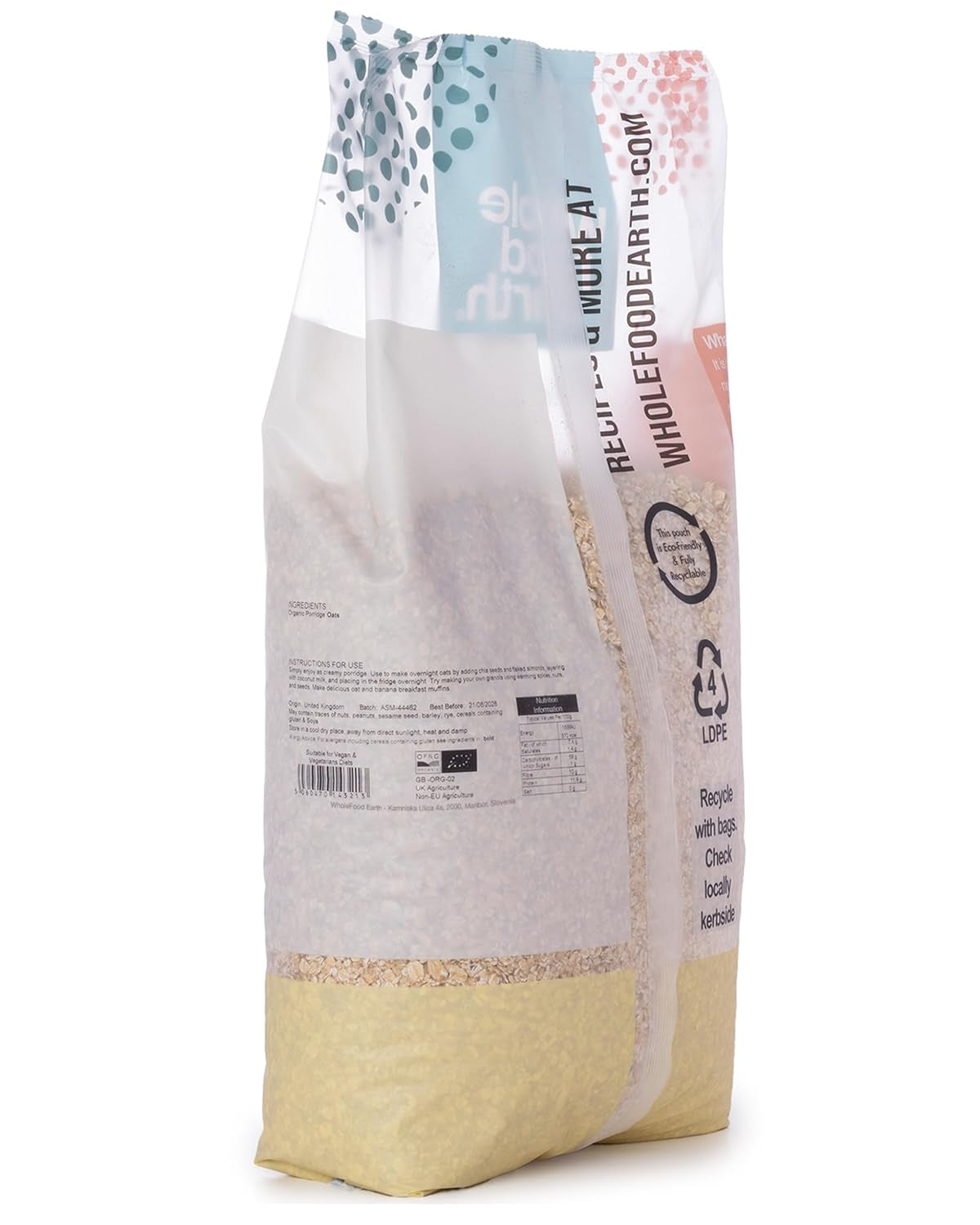 Wholefood Earth - Økologisk Havregrød 3 kg | Ikke-GMO | Vegansk | Rig på fibre