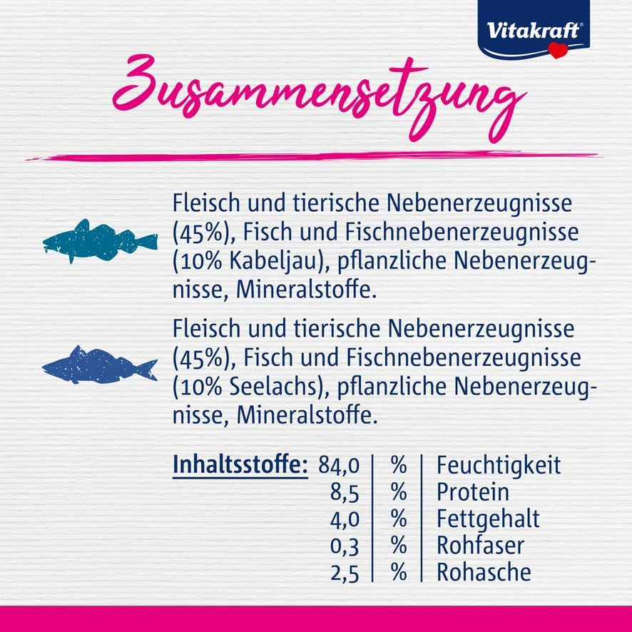 Vitakraft Poésie Délice, Fish Selection, Nassfutter Katze, Katzennassfutter in Sauce, mit Seelachs, mit Kabeljau, ohne Zusatz von Zucker und Getreide (1 Paket mit 6x 85g)