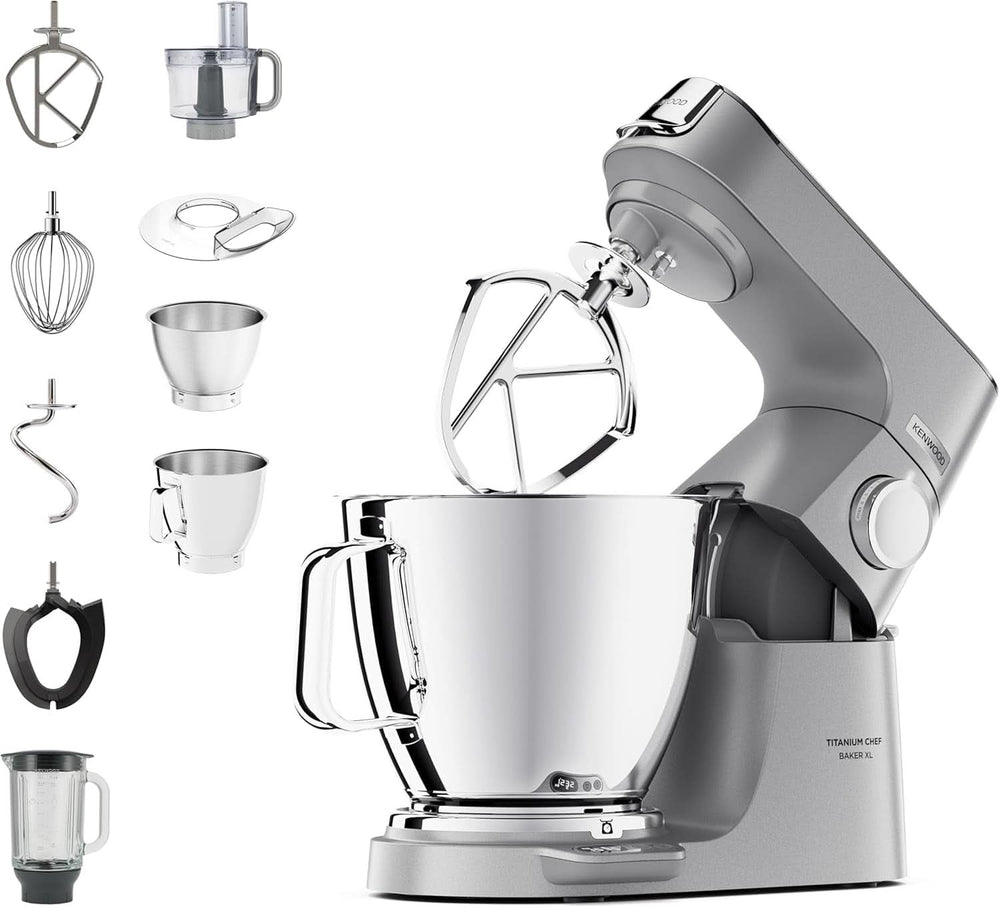 Kenwood Titanium Chef Baker KVC65.001WH, Küchenmaschine Mit Integrierter Waage, 1200 Watt, Inkl. 3-Teiligem Patisserie-Set, Spatel & Spritzschutz, Weiß Mor og Barn Naty Shop Silber Chef Baker Xl