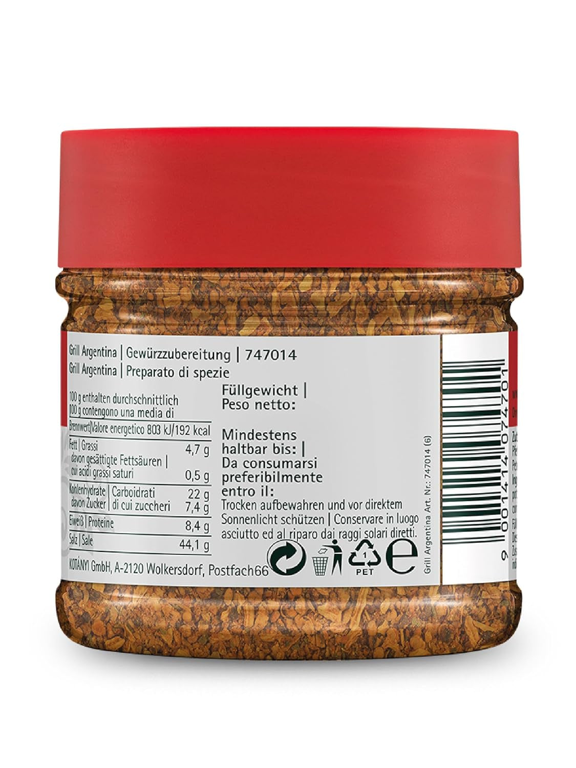 Kotanyi Gourmet Grill-Argentina Gewürzzubereitung, med Paprika, Pfeffer, Koriander og mehr, frugtig-krydret, 400ccm, 285 g