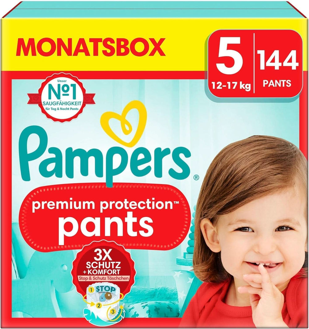 Pampers Babyblebukser str. 5 (12-17Kg) Premium Protection, Junior med Stop og Protect lomme, 144 bleer Trusse Mor og barn Naty Shop 5 (144 stk) Premium Protection Bukser