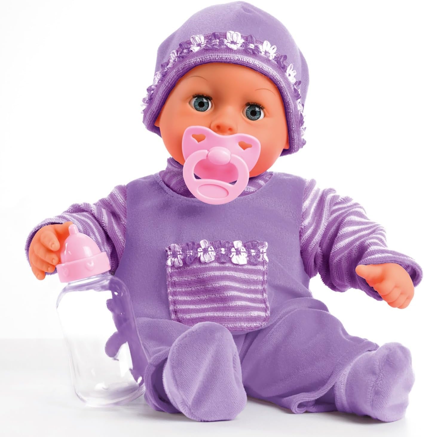 Bayer Design 93800-pink 93825AA Babypuppe First Words, Schlafaugen, spricht 24 Babylaute, weicher Körper, mit Schnuller und Flasche, 38 cm, pink