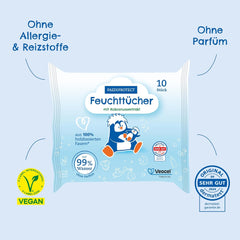 PAEDIPROTECT Baby vådservietter 1 x 10 stk. Sensitive baby vandvådservietter 99% vandparfumefri baby & børn delikat hud kokosekstrakt Mikroplastfri vegansk (5 pakke)