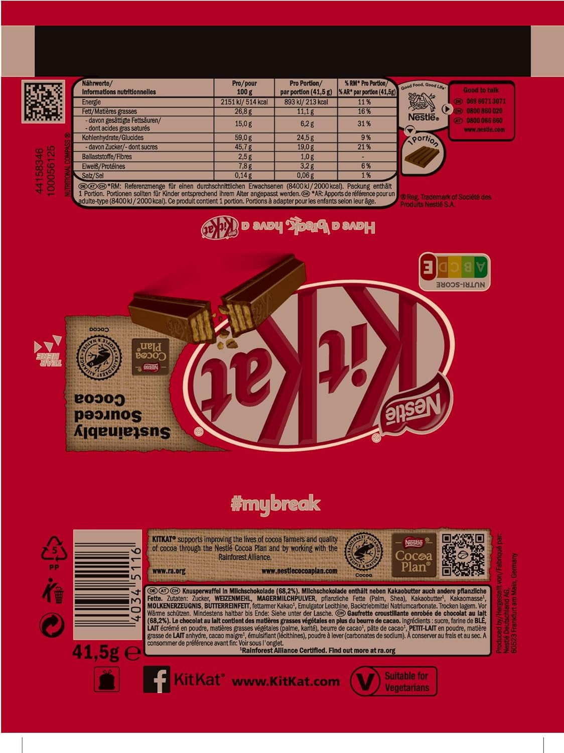 Nestlé klassiske chokoladebarer, sprøde mælkechokoladestænger, pakke med 48 (24 x 41,5 g)