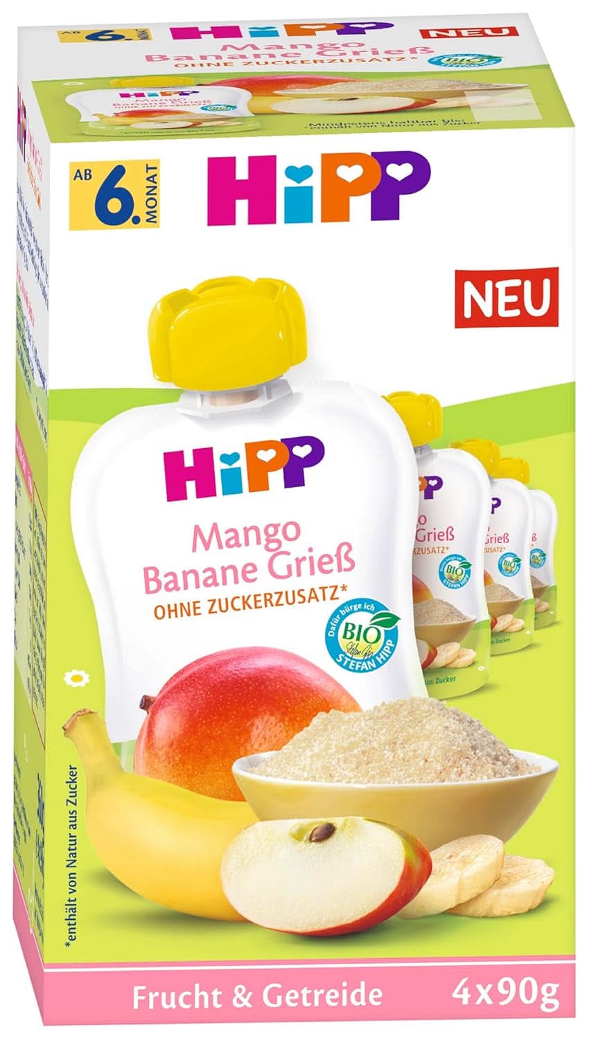 Hipp økologiske frugter og korn i presseposer til babyer Mango Banan Semolina 4-pak (4X4X90G) Mor og Baby Naty Shop