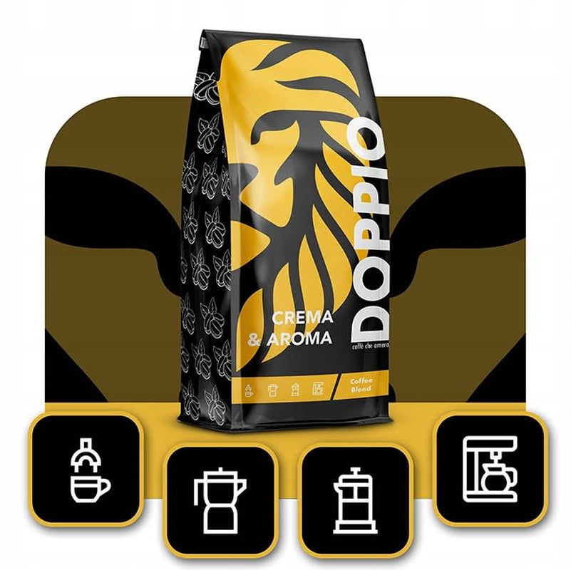 Doppio Crema & Aroma 1KG | Boabe de cafea 80% Arabica și 20% Robusta | cu note de cacao, nuci și caramel | Prăjire proaspătă și medie, aciditate scăzută | pentru espresso | Blue Orca Coffee