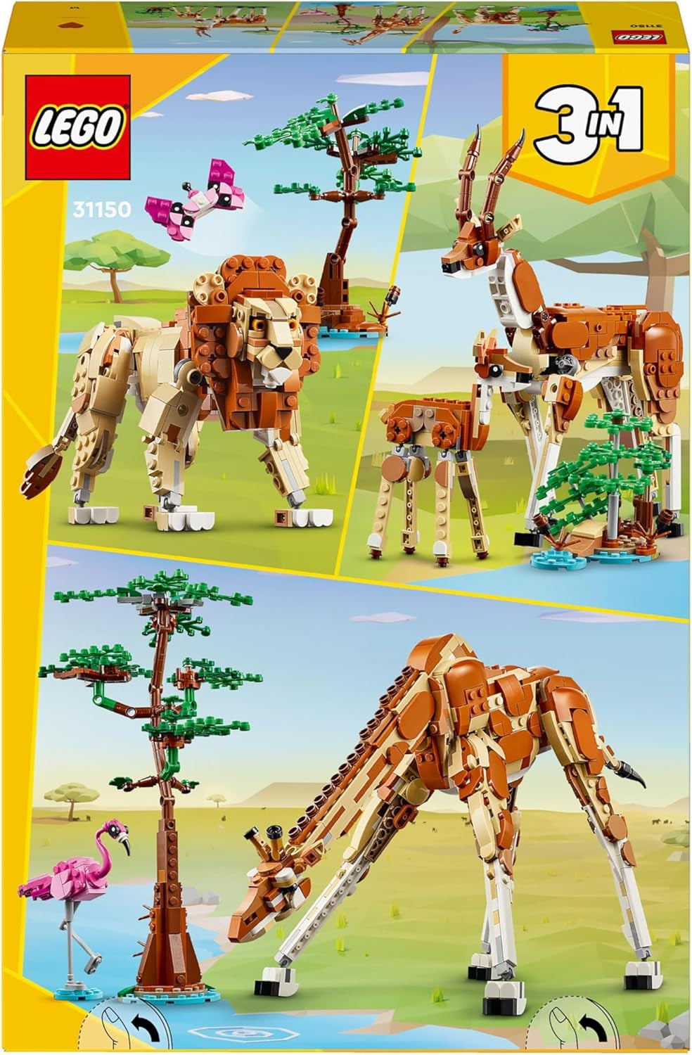 LEGO Creator 3In1 Animal Safari, kreativt sæt med dyrefigurer, 3 byggemuligheder: Legetøjsgiraf, gazelle og løve, legetøjsdyr til piger og drenge, naturgave til børn i alderen 9+ 31150 Byggesæt Beuche den LEGO-Store