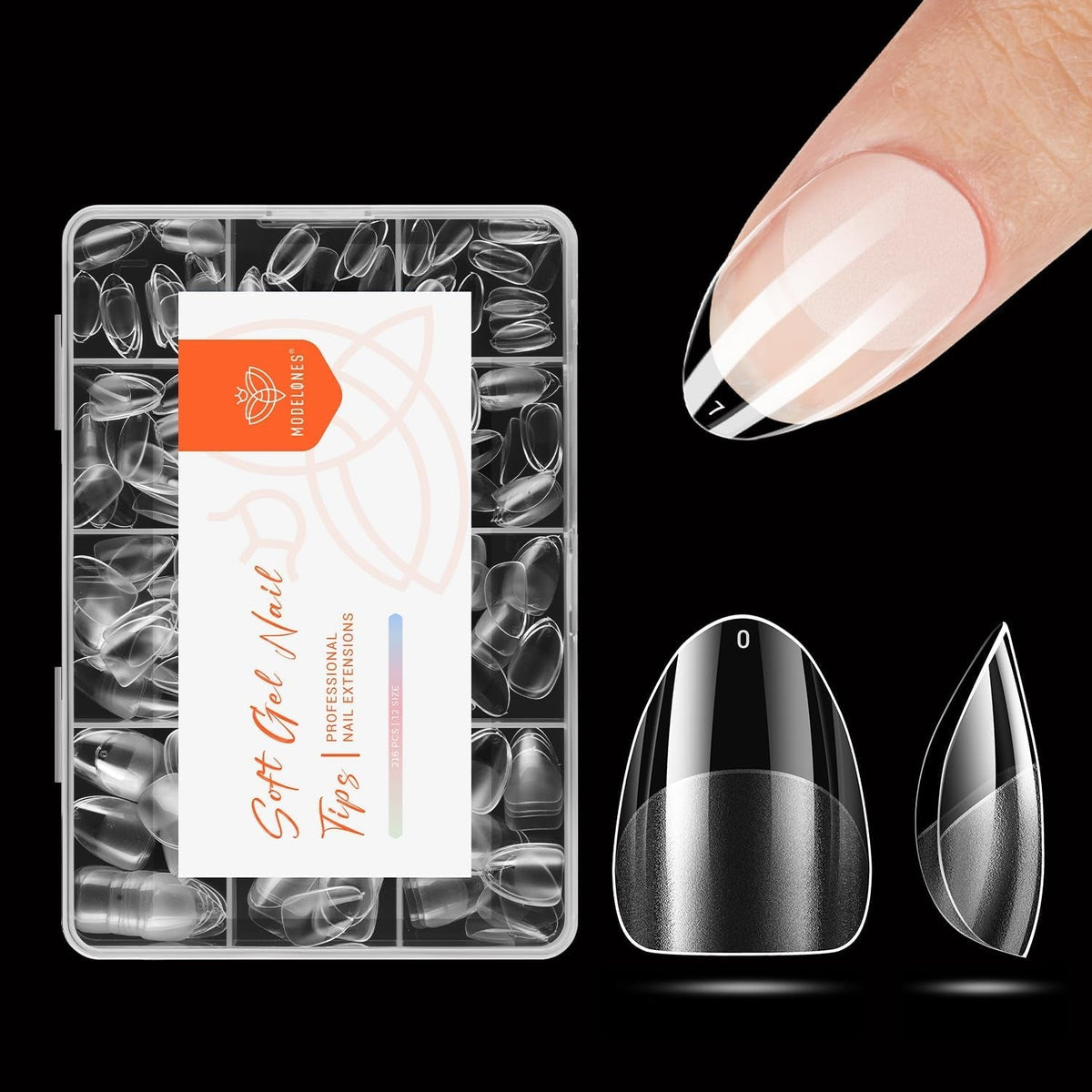 Modelones Tips Unghii 216 Piese - Set Tips Unghii Acoperire Completă, Set Tips Gel Moale, Tips Unghii Rășină PMMA Pre-Lustruire, Unghii Artificiale pentru Lipire pe Nail Art DIY, Migdale Scurte XS