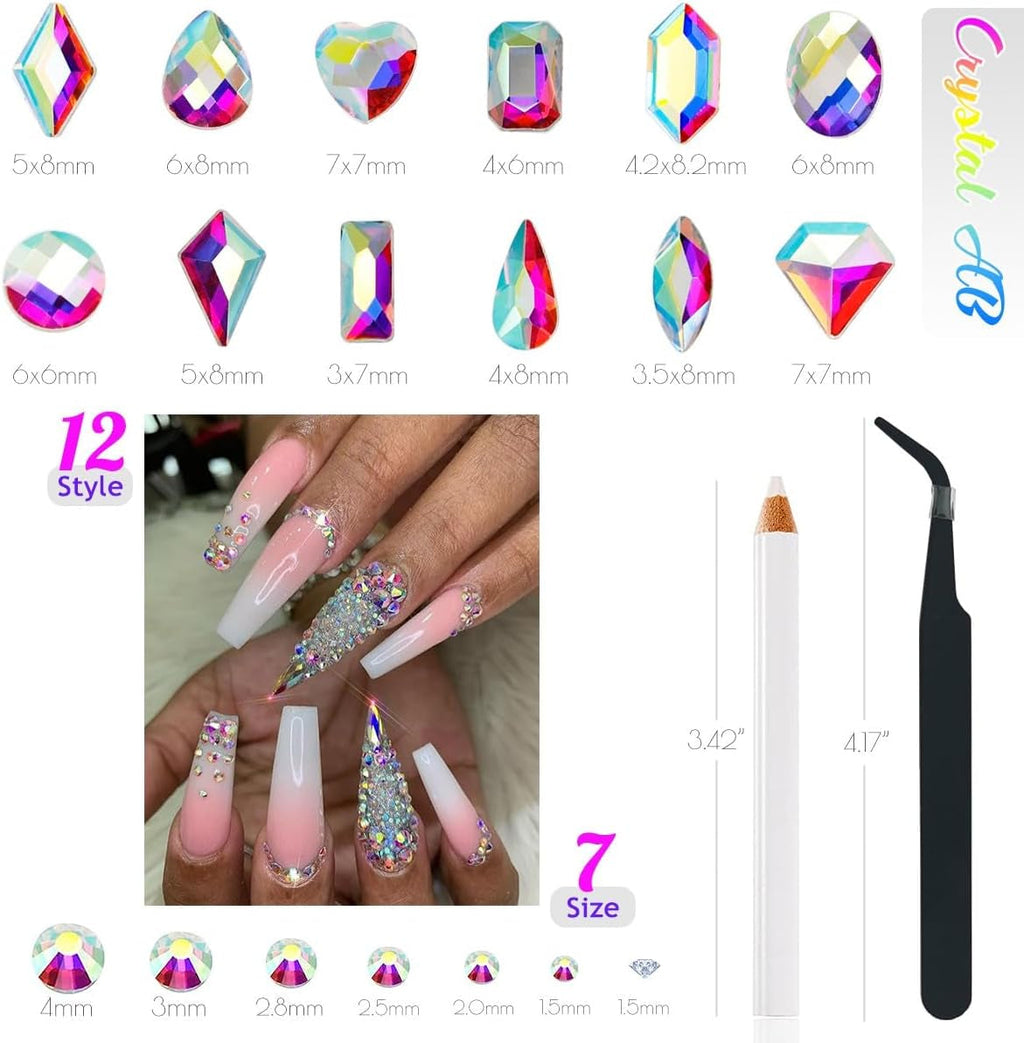 2630 buc pietre strălucitoare cristal AB pentru unghii, 120 pietre strălucitoare mari de 12 tipuri + 2510 pietre rotunde din sticlă K9 de 6 dimensiuni pentru unghii, strasuri, design de unghii, brelocuri pentru unghii pentru arta feței