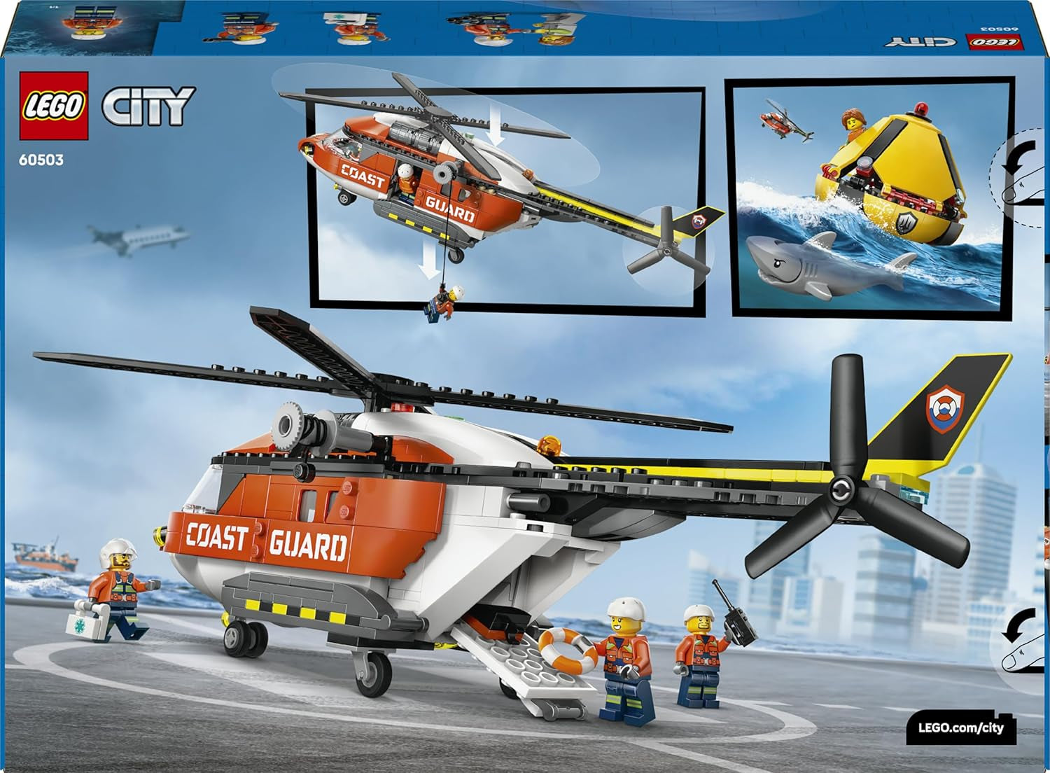 LEGO City Hubschrauber der Küstenwache - Spielzeug Einsatzfahrzeug - Modellbau mit Schiebetüren, Winde, 4 Minifiguren und Hai Figur - Geburtstagsgeschenk für Jungen ab 7 Jahren - 60503
