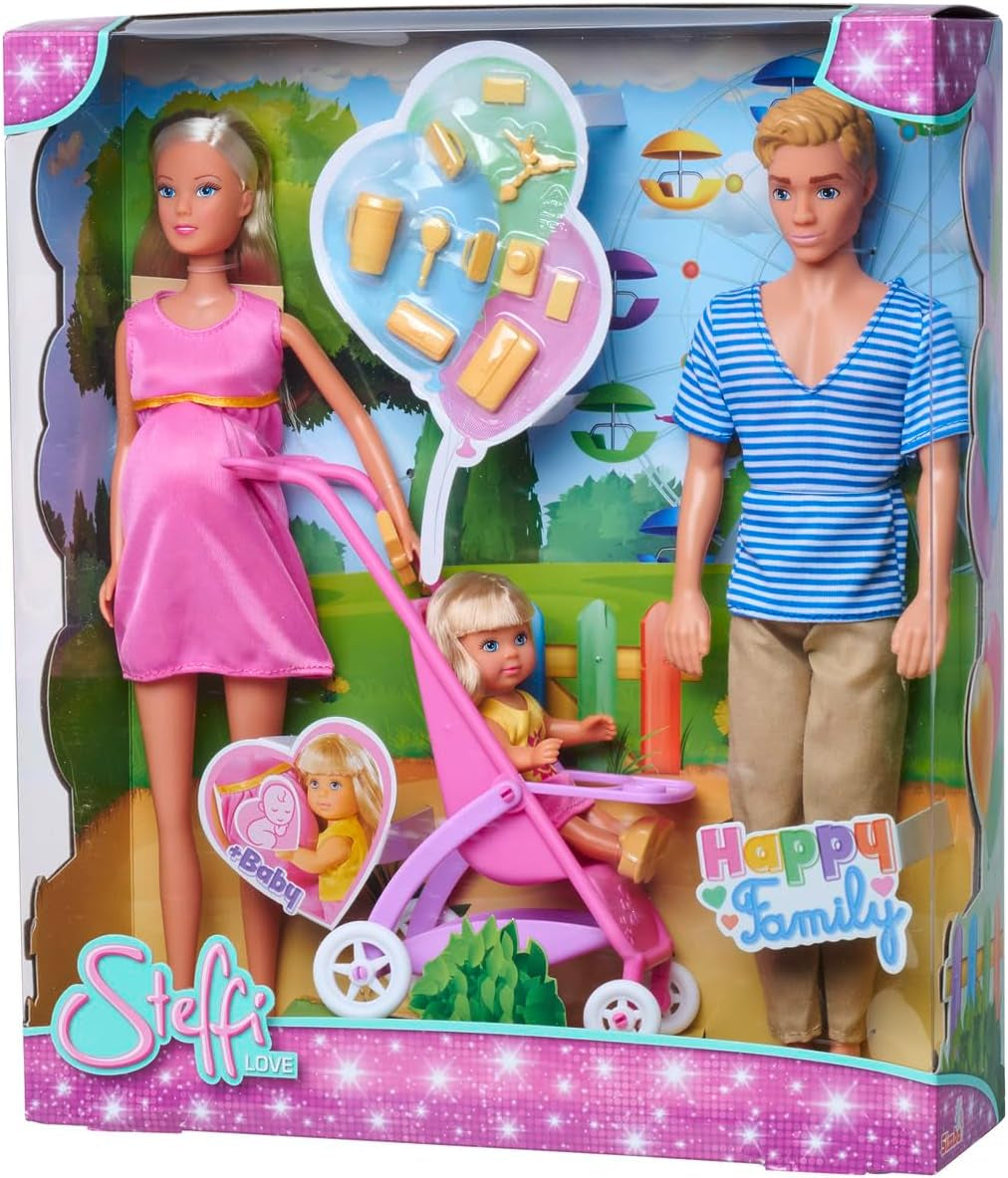 Simba 105733673 - Steffi Love Happy Family, Păpușă însărcinată, Kevin, Evi și bebeluș cu cărucior, 11 piese, accesorii, 30 cm, vârste 3+