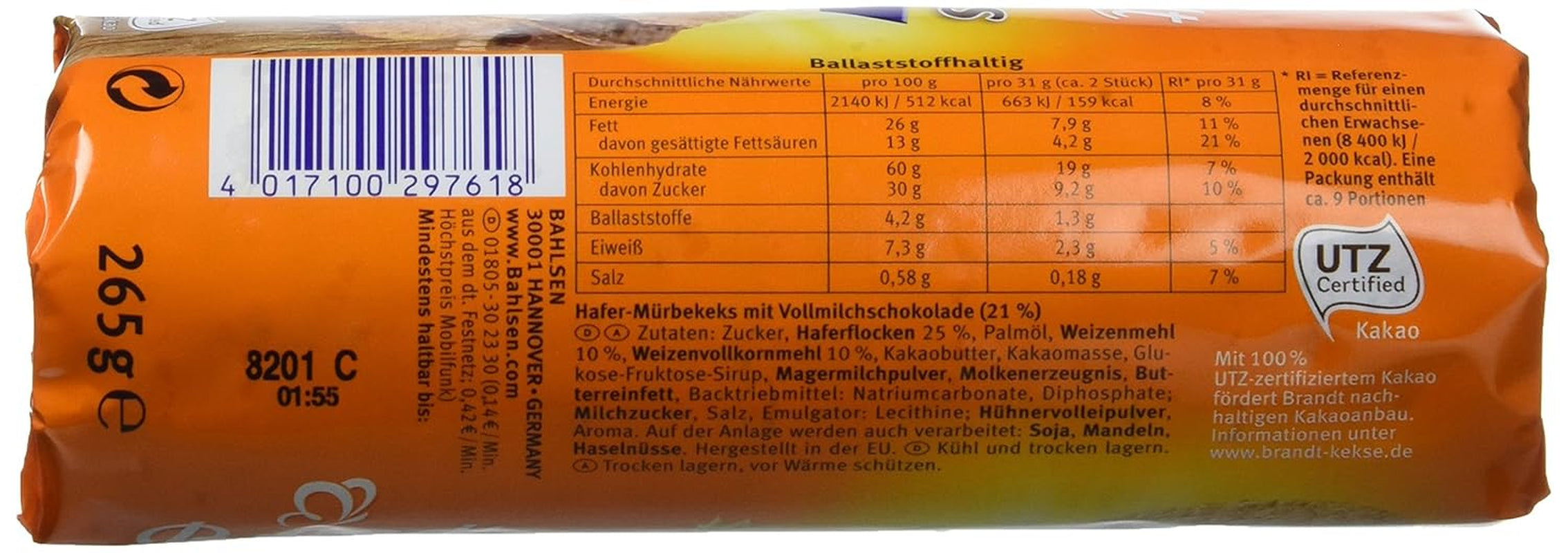 Brandt Hobbits Chocolate - Pachet de 18 - Cutie de depozitare - Biscuiți integrali cu conținut ridicat de fibre, fulgi de ovăz și jumătate de ciocolată fină (18 x 265 g)