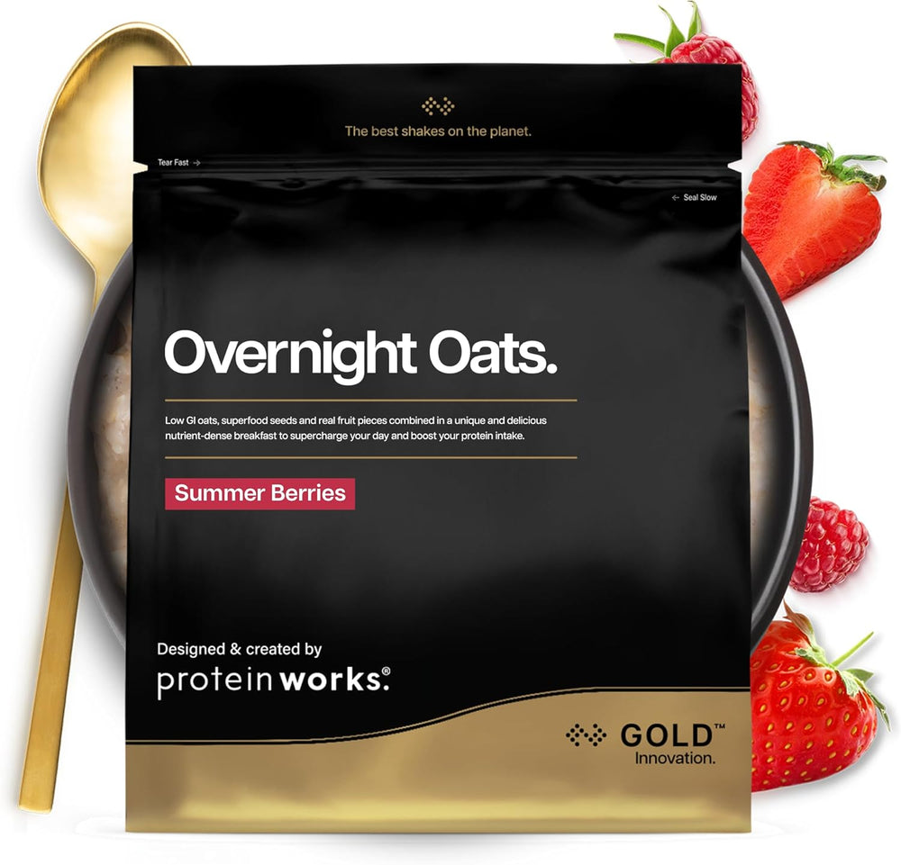 Overnight havregrød med protein | Mørk chokolade og hindbær | Højprotein morgenmad | Snack med lavt sukkerindhold | Havregryn med lavt GI | 500 g