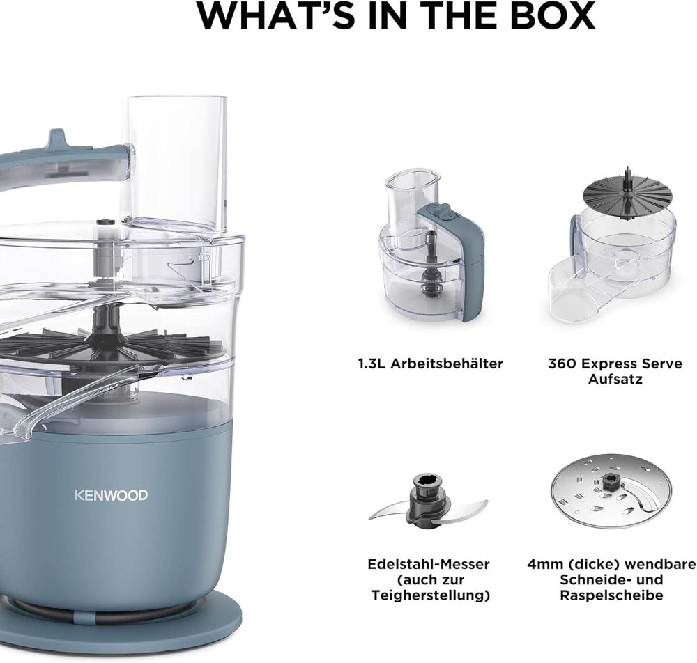 Kenwood Multipro Go FDP22.130GY, Kompakt-Küchenmaschine Nur 30Cm Hoch, Zum Schneiden, Reiben, Pürieren Und Teig Kneten, Express-Serve, 1,3 L Arbeitsbehälter, 650 W, Blau Mother and Child Naty Shop