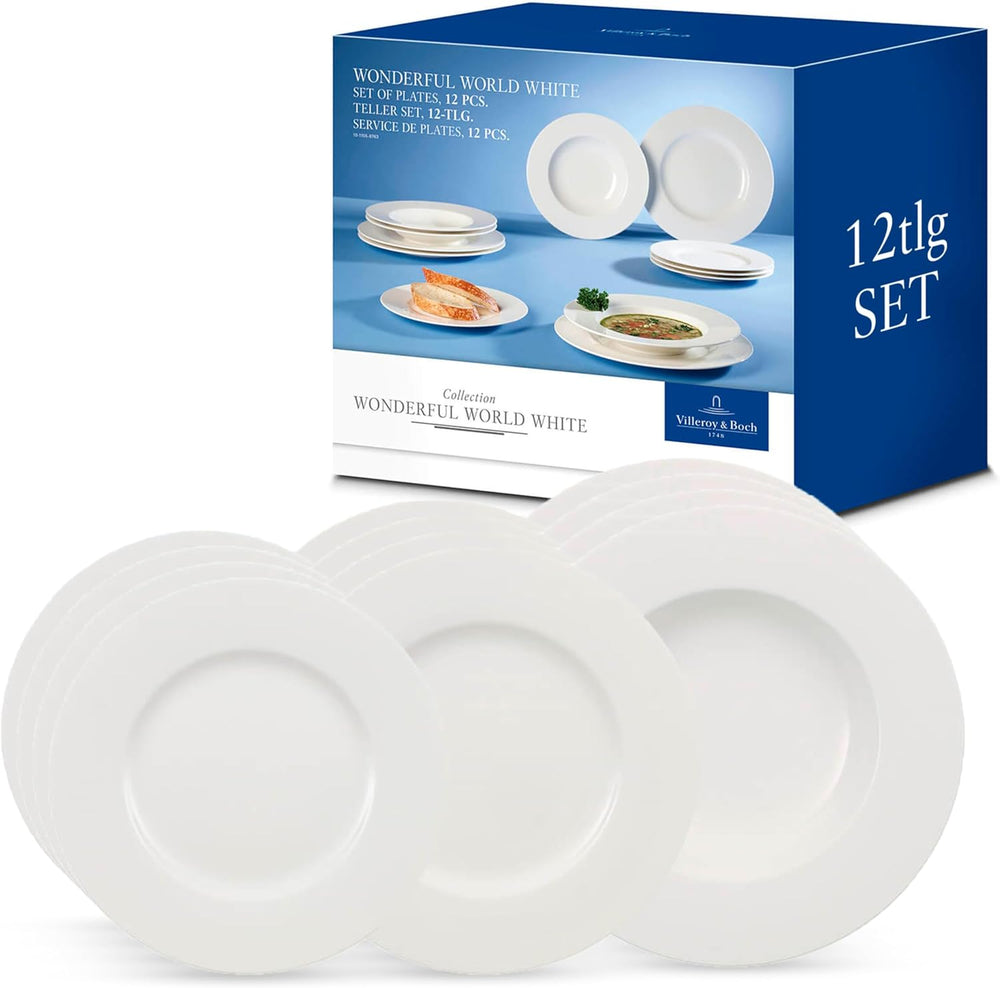 Villeroy & Boch – Set de masă Wonderful World, 12 piese, alb, potrivit pentru mașina de spălat vase și cuptorul cu microunde, farfurii, veselă, porțelan, farfurii de cină, set, set de veselă modern, porțelan premium