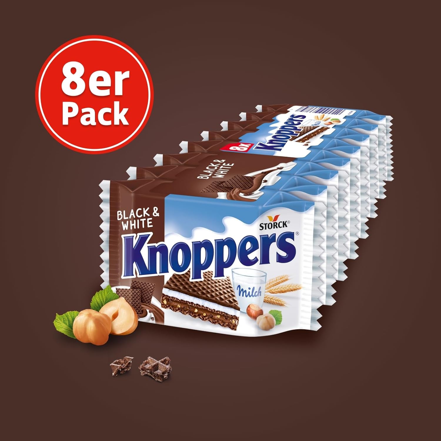 Hvide og sorte Knoppers – 8 x 25 g – Vaffelskiver fyldt med mørke kakaoblater, stykker af sorte kiks, mælk og nougatcreme