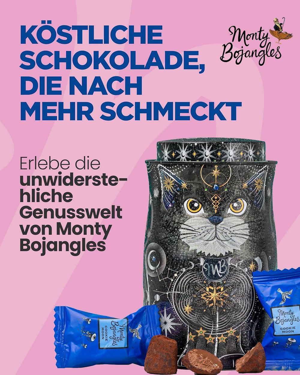 Monty Bojangles Savanna Gold Chokoladetrøfler (135 g) Kakaopulverpralingavesæt i en individuel kattedesign-samleræske Flutter Scotch-smag