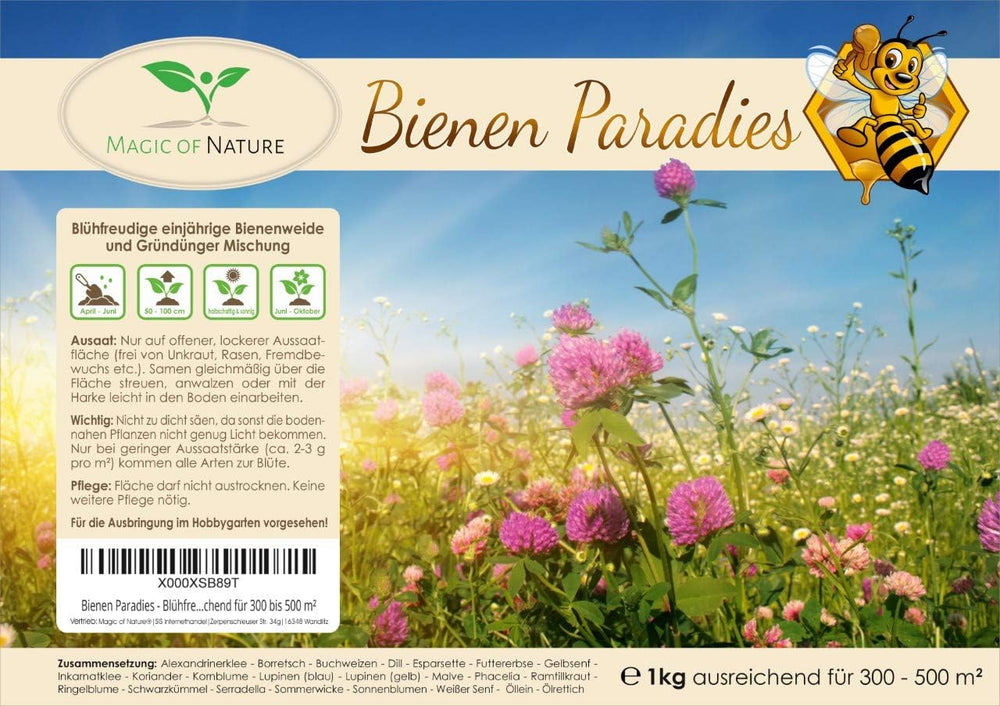 Magic of Nature Blomsterfrøblanding - Bee Paradise - 1 kg - Nem at bruge - Blomstrende bi græs - Såtips - Til 300 til 500 m²