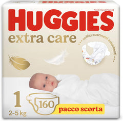 Huggies Extra Care Babybleer, størrelse 1 (2-5 kg), Super Absorbent, Disney Design, Bulk Pack, 160