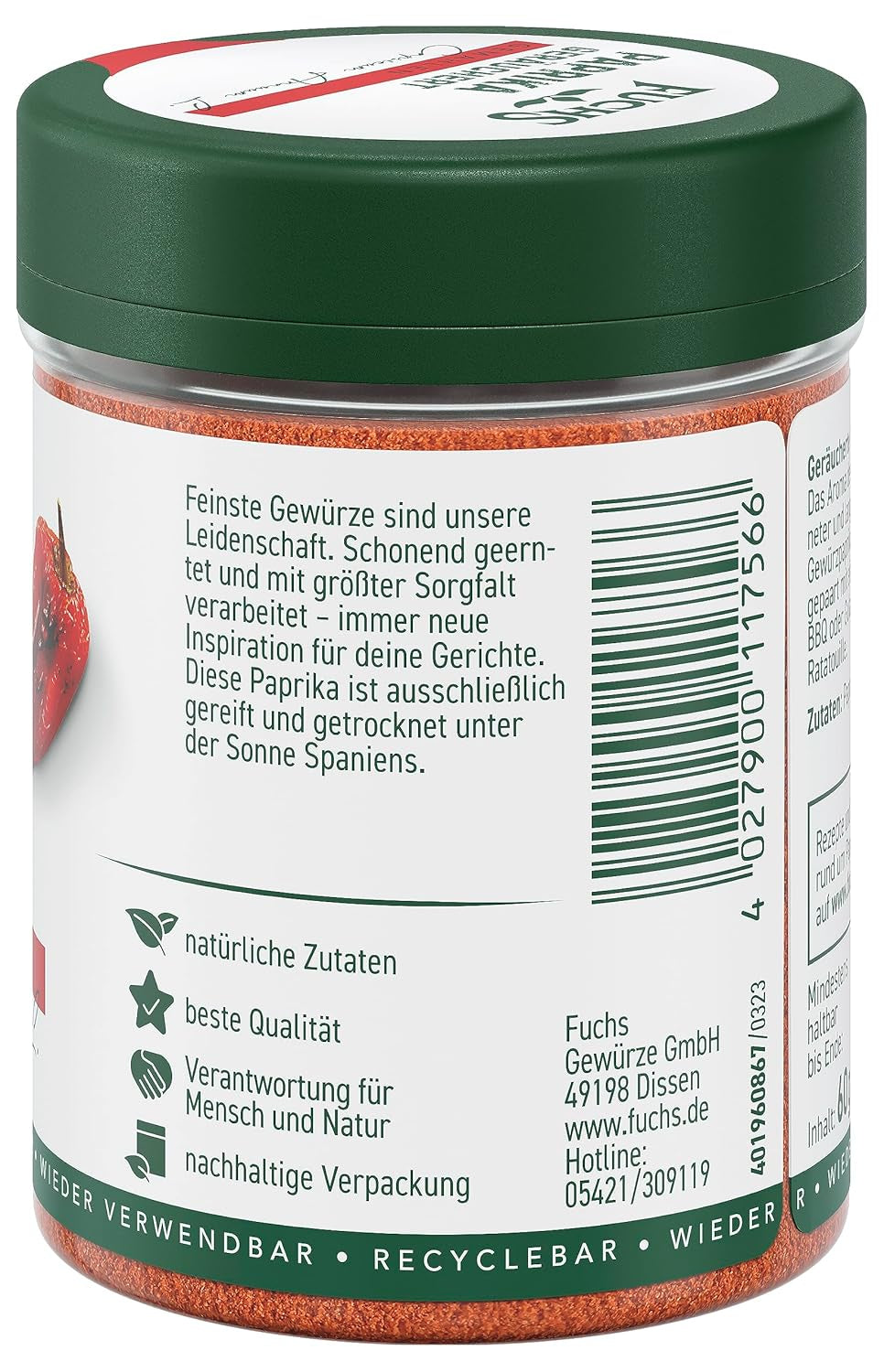 Fuchs Gewürze - Paprika geräuchert gemahlen - rauchiger Gesmack für BBQ, Gulasch eller Tofu - naturlige ingredienser - 60 g i wiederverwendbarer, genbrugsbarer Dosis