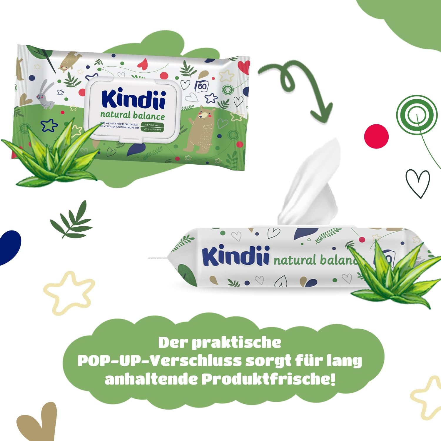 Kindii Natural Balance vådservietter til babyer – (1 x 60 stk.) Vådservietter til babyer og børn – Beskyttende, Aloe Vera, Delikat duft – 60 stk.